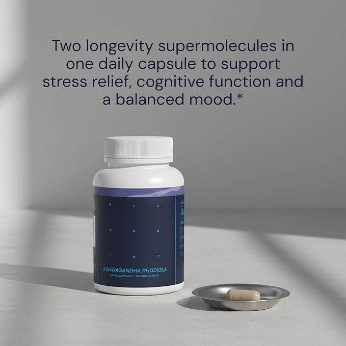 Blueprint Bryan Johnson Ashwagandha & Rhodiola Supplement – 120mg Ashwagandha + Rhodiola Root – Daily Adaptogen Capsules for Stress Support, Mood Balance, Energy & Focus – 30 Vegan Capsules