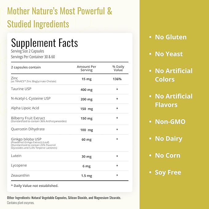Eye Vitamins Supplement for Adults – Supports Macular Health, Retina Clarity & Blue Light Protection – Lutein, Zeaxanthin, Lycopene & Zinc – Antioxidant Vision Formula – 60 Capsules