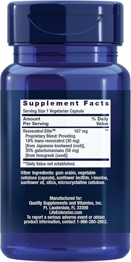 Life Extension Resveratrol Elite, Trans-resveratrol, Healthy Aging, Cardiovascular Health, Brain Health, oxidative Stress, Gluten-Free, Non-GMO, Vegetarian, 30 Capsules