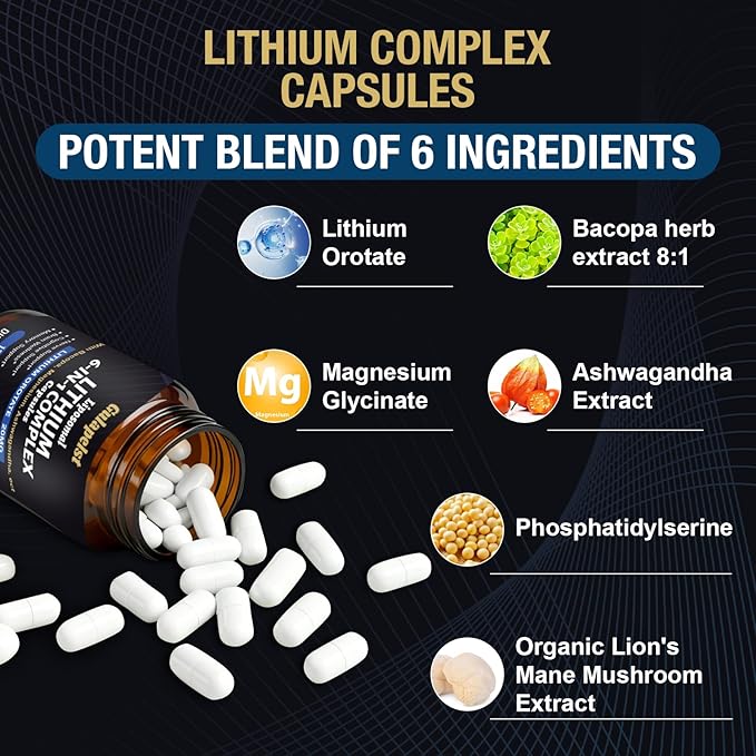 2 Packs Lisopomal Lithium Orotate Complex Capsules, Lithium Orotate 20 mg, Magnesium Glycinate & Ashwagandha, Brain Health Supplements for Cognitive, Mood & Memory – Non-GMO, 240 Vegan Capsules