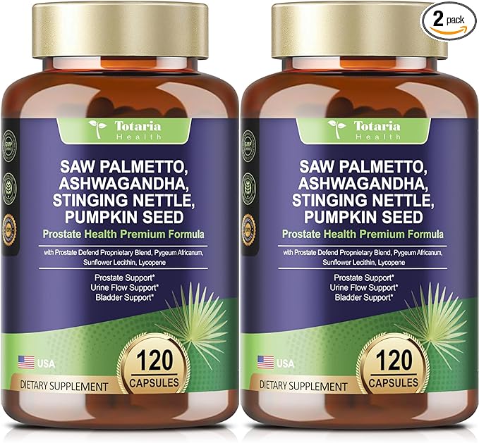 Totaria 2Pack Organic Saw Palmetto - Prostate Health Supplements for Men with Ashwagandha Root, Stinging Nettle, Pumpkin Seed, Prostate Defend Propnietary Blend, DHT Blocker, 240 Count