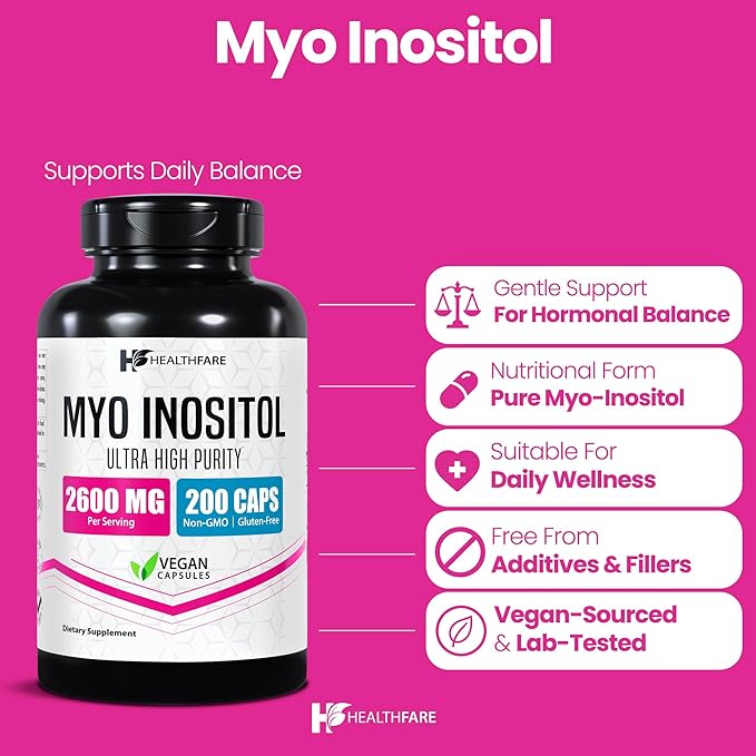 Healthfare Myo Inositol Supplement, 2600mg | 200 Veg Capsules | Ultra Strength | Healthy Ovarian Support for Women | Vitamin B8 for Women
