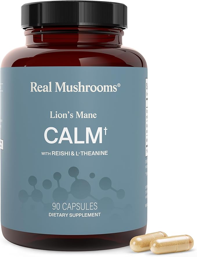 Real Mushrooms Lion’s Mane Calm Capsules (90 Count) – 400mg Organic Lions Mane Fruiting Body Extracts, 200mg Organic Reishi, 200mg AlphaWave L-Theanine for Calm Clarity & Relaxed Alertness, 90ct