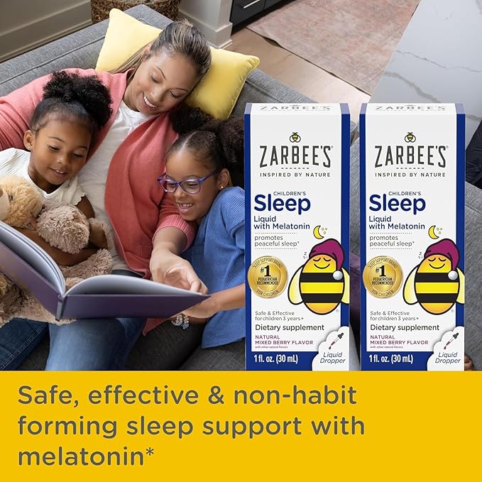 Zarbee's Kids Sleep Supplement Liquid with 1mg Melatonin; Drug-Free & Effective; Easy to Take Natural Berry Flavor for Children Ages 3 and Up; 1 Fl Oz Bottles,(Pack of 4)