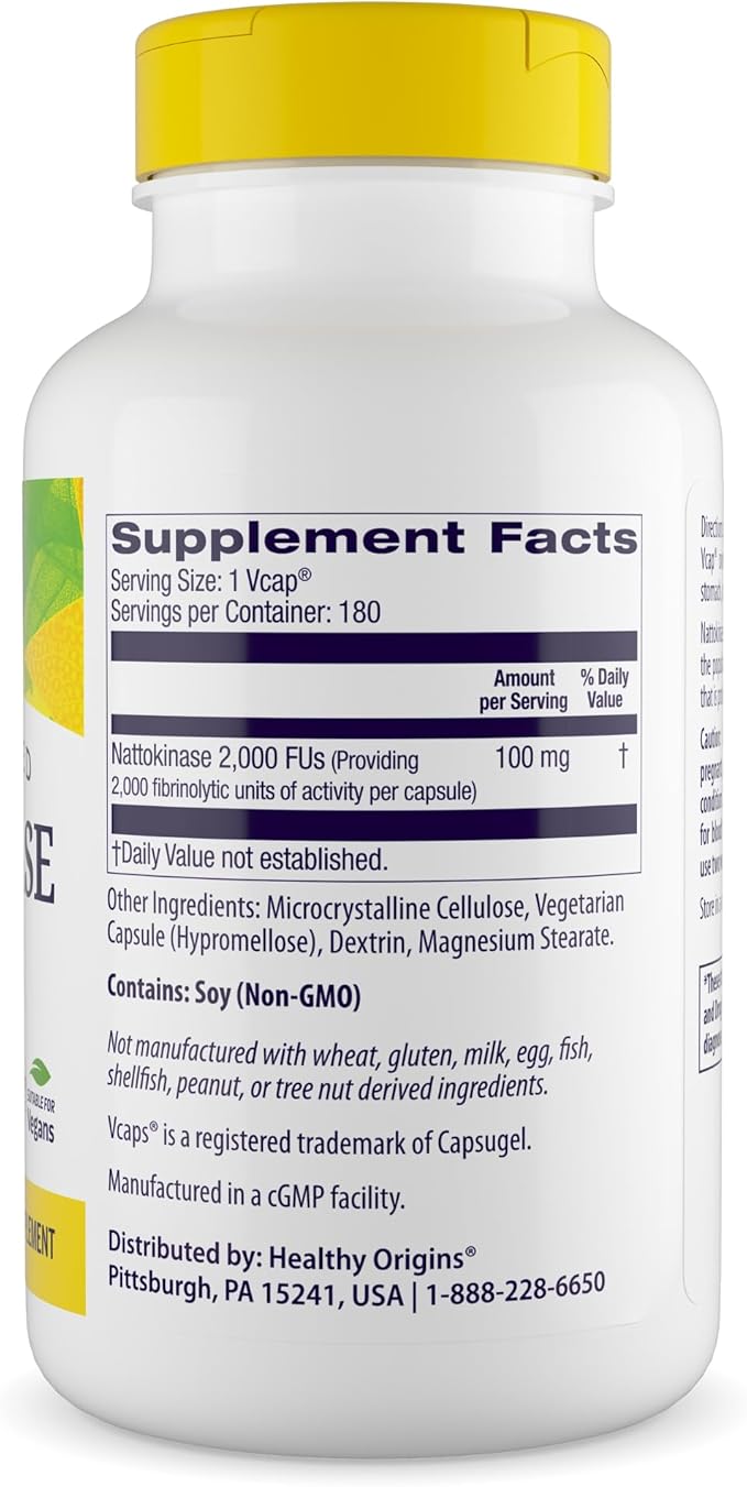 Healthy Origins Nattokinase 2,000 FU's (100 mg, Non-GMO, Gluten Free, Circulatory Support), 180 Veggie Caps