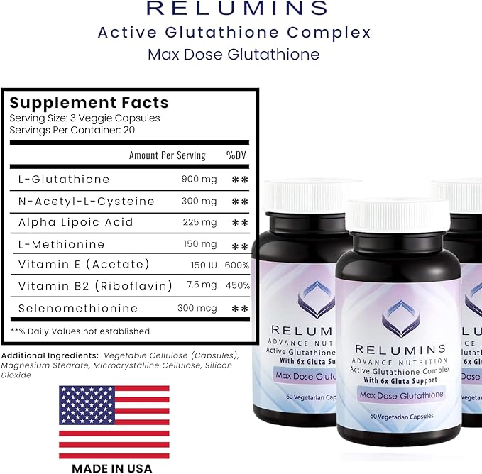 Relumins Advance White Active Glutathione Complex - Max Dose 900mg Glutathione with 6X Boosters, ALA & NAC - Spring Glow Essentials Anti-Aging Skin Brightening Supplement - 60 Caps x 3 Bottles