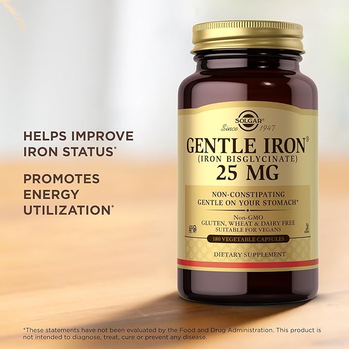 Solgar Gentle Iron (Iron Bisglycinate) 25 mg - 180 Vegetable Capsules - Non-Constipating, Gentle on Your Stomach - Non-GMO, Gluten Free - 180 Servings