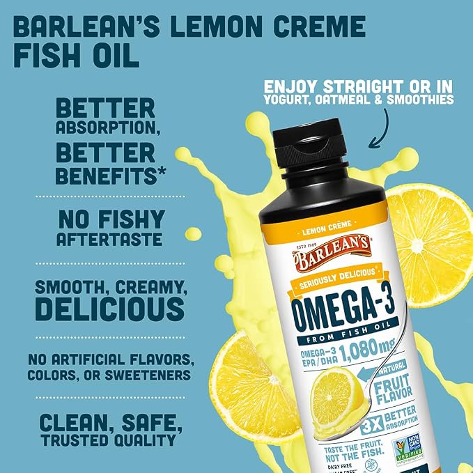 Barlean's Omega 3 Fish Oil Liquid Supplement for Men and Women, 1080mg of EPA and DHA Fatty Acid, Promotes Brain & Heart Health - Non-GMO, Lemon Crème, 16 oz
