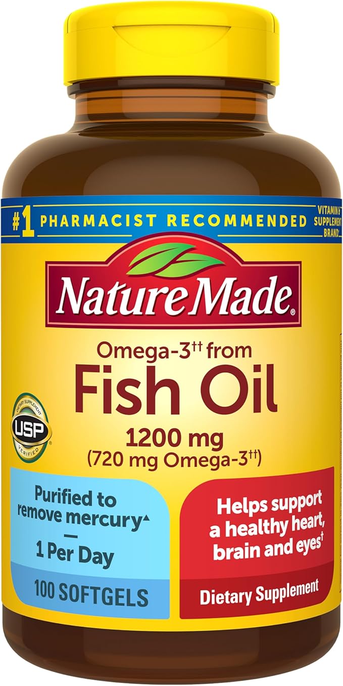Nature Made Fish Oil Omega 3 Supplements, Omega 3 Fish Oil as Ethyl Esters 1200 mg Softgels, EPA DHA Supplement for Healthy Heart, Brain, Eye Support, One Per Day, 100 Softgels
