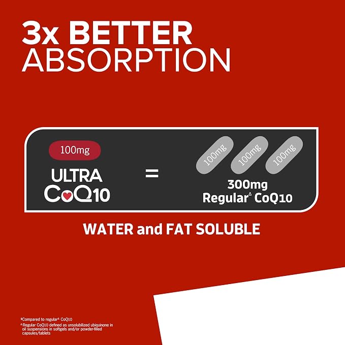 Qunol Ultra CoQ10 100mg 3X Better Absorption Patented Water and Fat Soluble Natural Supplement Form Coenzyme Q10 Antioxidant for Heart Health Packs Softgels, 120 Count