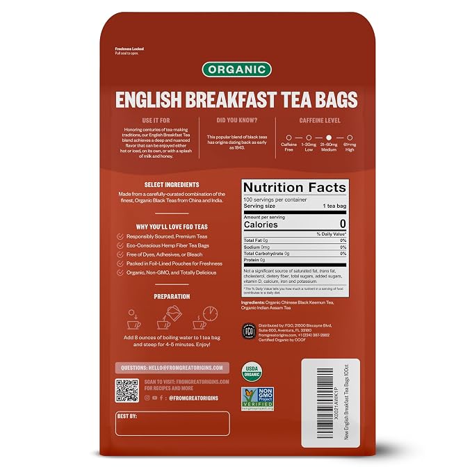 FGO Organic English Breakfast Black Tea, 100 Count, Eco-Conscious Tea Bags, Resealable Bag, Packaging May Vary (Pack of 1)