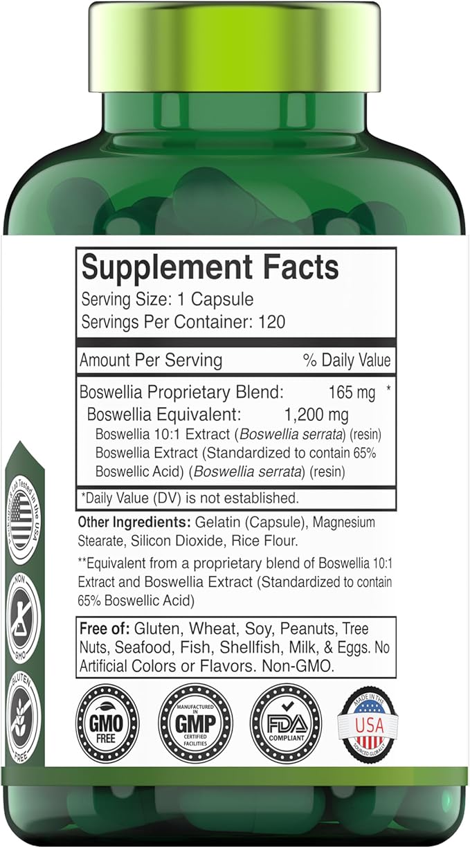 tnvitamins Boswellia Extract Capsules, 120 Count | 1,200 mg Per Capsule | 65% Boswellic Acids + 10:1 Concentrated Extract | Boswellia Serrata | Joint & Mobility Support*