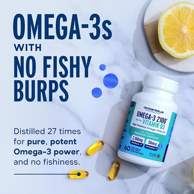 Oceanblue Professional Omega-3 2100 with Vitamin D3 120 ct - 2 Pack Triple Strength Burpless Fish Oil Supplement with High-Potency EPA, DHA, DPA and Vitamin D3 Wild-Caught Orange Flavor