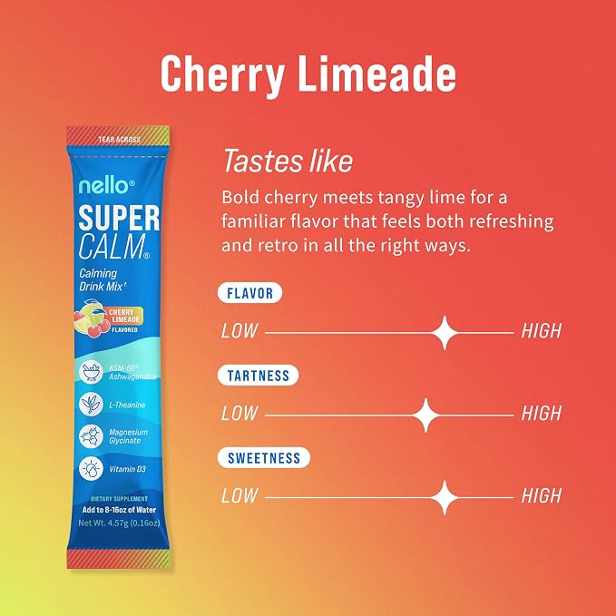 Nello Supercalm Powdered Drink Mix, Cortisol Reducer* and Sleep Aid Supplement, L Theanine, Ksm-66 Ashwagandha, Magnesium Glycinate, Vitamin D 3, No Sugar, Non GMO, On The Go, 20 Ct, Cherry Limeade