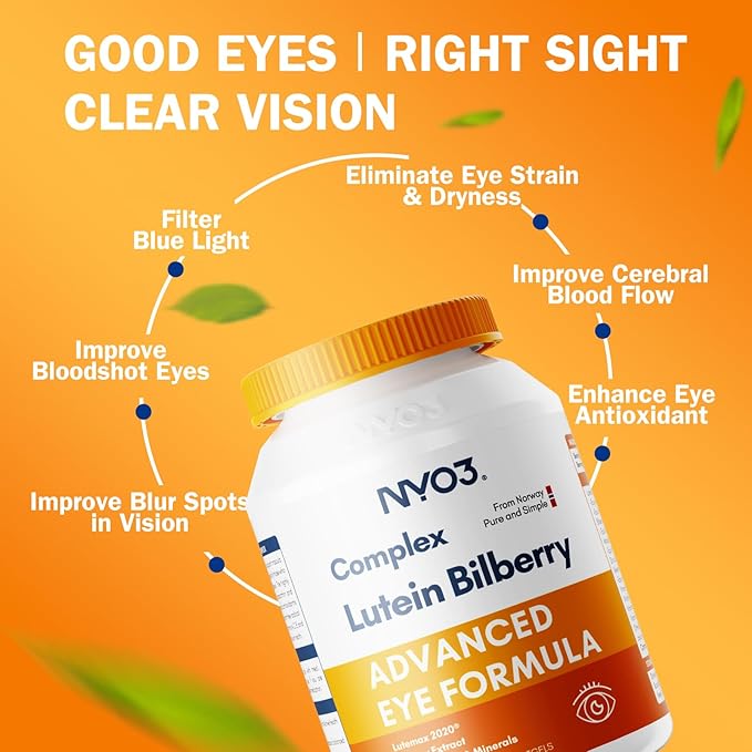 NYO3 Eye Vitamins with Lutein and Zeaxanthin,Patented Eye Formula,Recommended by NIH,Advanced Bilberry & Astaxanthin,Vitamins A, C, E, B12 & Minerals, Eye Health & Vision Protection, 60 Softgels