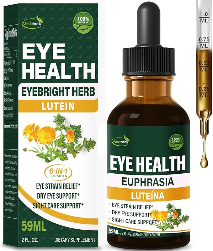 Eyebright Herb Eye Health Drops, Bilberry & Lutein Liquid Extract Herbal Supplement for Eye Strain Relief & Sight Care Support. Euphrasia Officinalis, Arándanos, Luteína para Los Ojos. 2oz