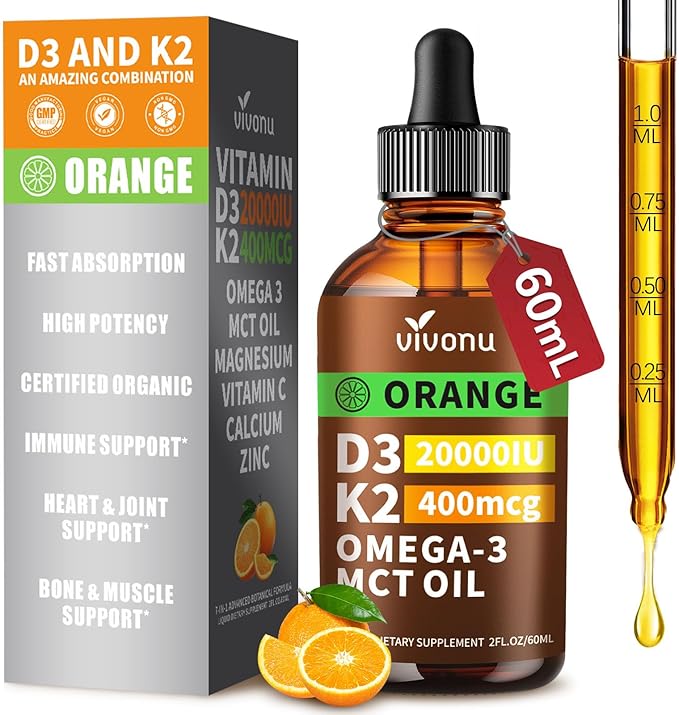 Vitamin D3 K2 Drops, D3 20000 IU & K2 as MK-7 400mcg with Magnesium, Calcium, Zinc & Omega 3 for Immune*, Mood*, Bone* Health, Orange Flavor Vitamin D Liquid Drops Supplement(1 Bottle)