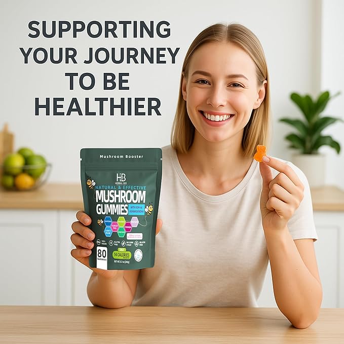 Organic Ashwagandha & Lions Mane Mushroom Gummies - Reishi, Cordyceps, Turkey Tail, Maitake, Shitake & Chaga, Immune Support & defense, Brain Boost, Vegan, All-in-One Superfood supplement | 80 gummies