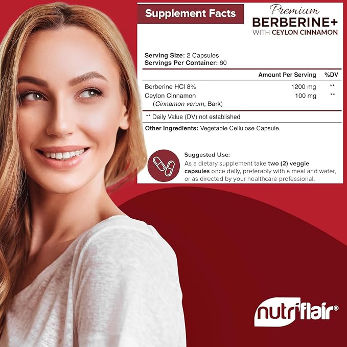 NutriFlair Premium Berberine HCL 1200mg, 120 Capsules - Plus Pure True Ceylon Cinnamon, Berberine HCI Root Supplements Pills - Immune System - Made in USA