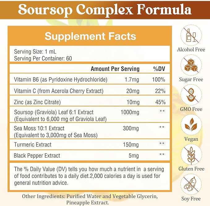 7-in-1 Soursop Graviola with Sea Moss Liquid Drops, Soursop Bitters Liquid Rich in Multivitamin for Digestive Antioxidant, Immune Boost, Cell Support & Regeneration, 2 Fl Oz Pineapple Flavor