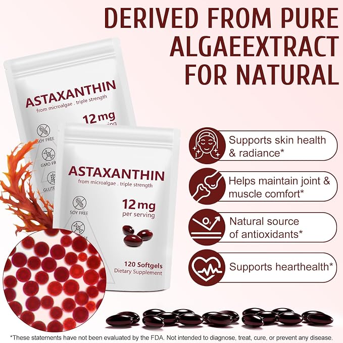 Astaxanthin 12mg, 120 Softgels, 4 Month Supply, Premium Astaxanthin Antioxidant Supplements with Antioxidant Activity, Supports Eye, Immune, Joint, Skin Health, Internal Circulation