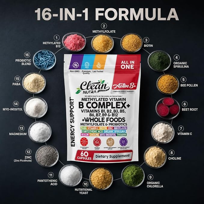 Vitamin B Complex Methylated B Vitamins for Women, Vitamin B12 Methylcobalamin Methylfolate B12 B1 B2 B3 B5 B6 B7 B9 Biotin Myo Inositol Choline Organic Spirulina Methylated Multivitamin 60 Ct