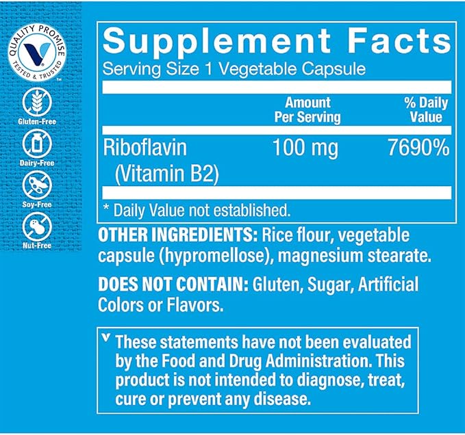 The Vitamin Shoppe Riboflavin Vitamin B2 100mg - Energy Production & Metabolism | Nervous System Support | 100 Capsules | Essential B