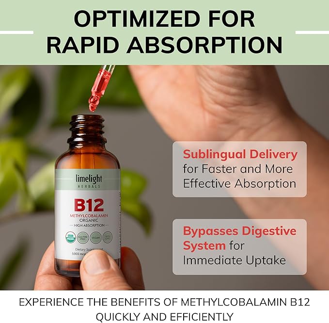 USDA Organic Vitamin B12 Liquid Drops 5000 mcg, Methylcobalamin, Sublingual, Fast Absorption, Cellular Energy, Metabolism Support, Nervous System, Mental Focus, Vegan, Non-GMO, 2 fl oz, 60 Servings