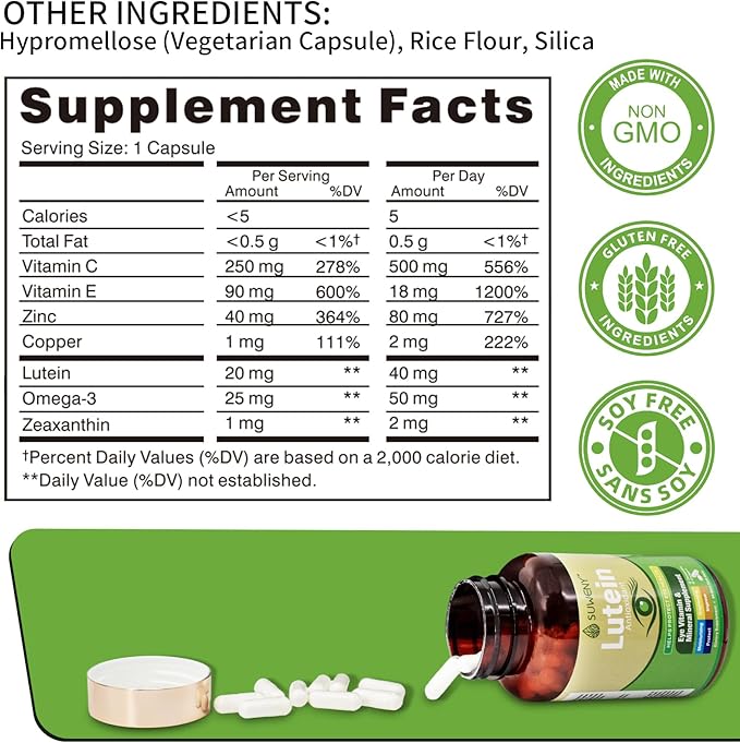 Lutein Eye Vitamins Supplement for Adults - 90 Capsules, Supports Eye Health with Zeaxanthin, Zinc, Vitamins C & E, Vegan Formula for Blue Light Protection & Macular Support (1)