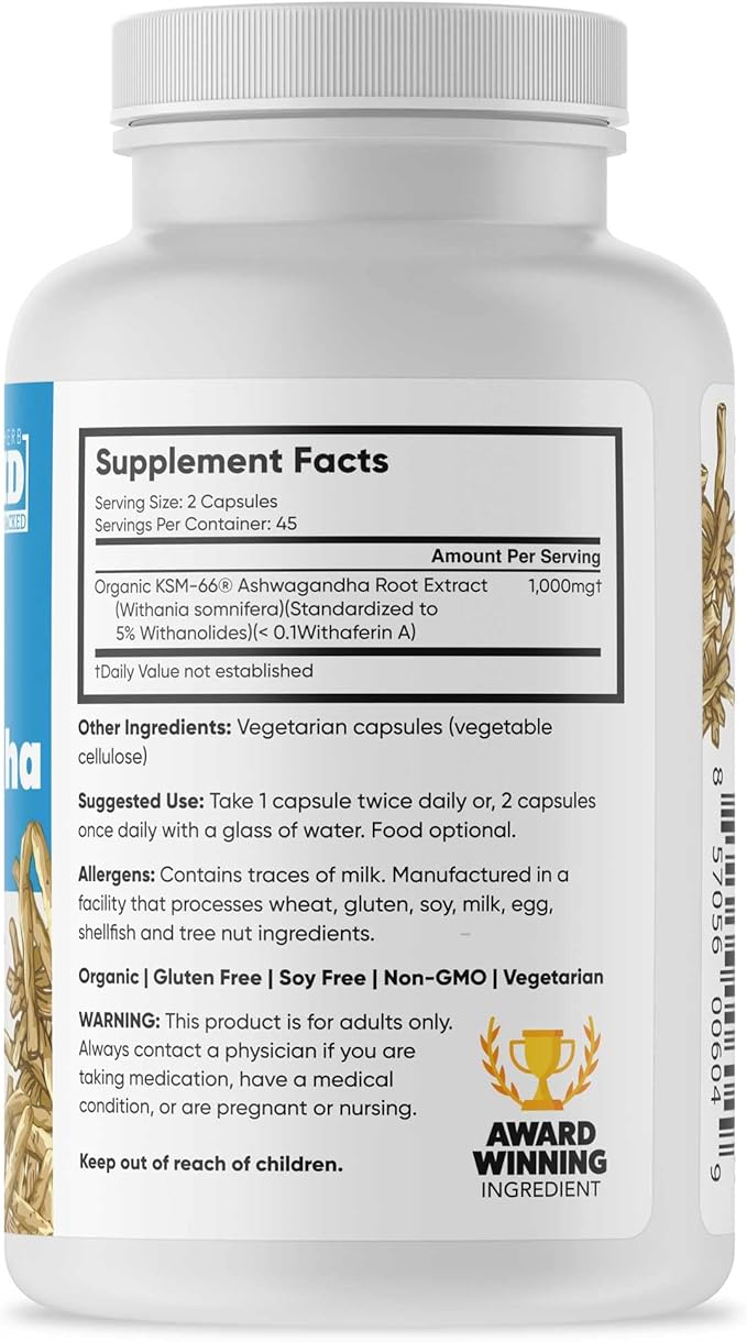 Brain Forza KSM-66 Ashwagandha Organic Pure Root Extract, Strongest 1,000mg Dose, High Potency 5% Withanolides, Hormone Health, Cognitive Support, Organic, Non-GMO, 90 Capsules