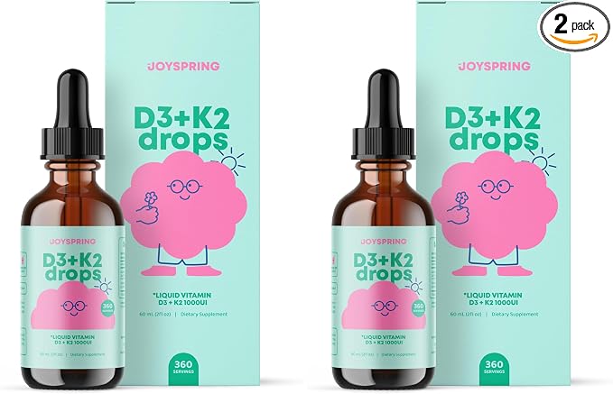JoySpring Vitamin D3 Kids Drops with K2 – Liquid Supplement for Calcium Absorption & Joint Health – 360 Servings (2 fl oz) – Vitamin D Kids Ages 3-18 (Pack of 2)