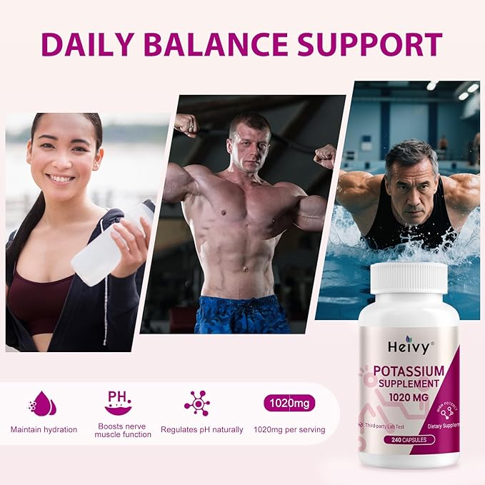 Heivy Potassium Supplement 1020 mg, Potassium Bicarbonate to Supports Muscle Function, Electrolyte Balance & Heart Health, Essential Minerals, Made in USA, Non-GMO, 240 Veg Capsules