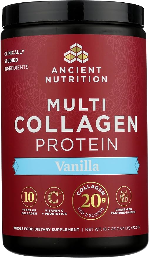Ancient Nutrition Collagen Peptides Powder, Multi Collagen Protein, Women & Men, Vitamin C, Probiotics, Hydrolyzed Collagen, Supports Skin, Joints, Gut Health, Vanilla, 45 Servings