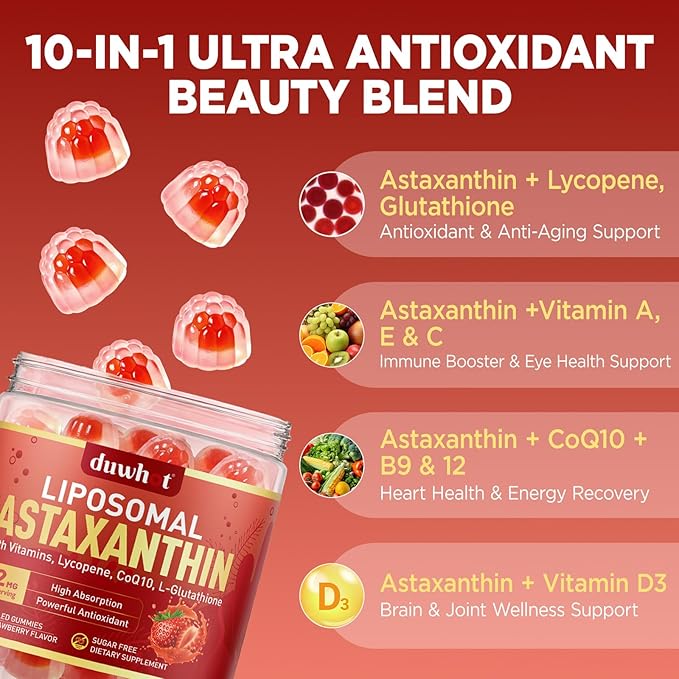 Liposomal Astaxanthin Gummies, Organic Astaxanthin 12mg Supplements with Lycopene, Glutathione for Powerful Antioxidant, Plus Vitamins & CoQ10 for Eye, Skin & Immune Health, Sugar Free, Vegan, 60