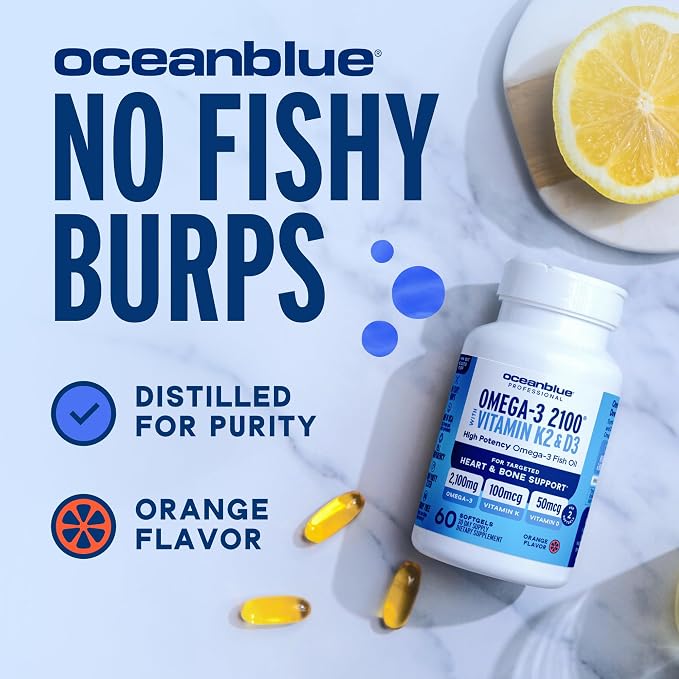 Oceanblue Professional Omega-3 2100 with Vitamin K2 and Vitamin D3-60 Count - Triple Strength Burpless Fish Oil Omega-3 Supplement with EPA, DHA & DPA - Wild Caught - Orange Flavor, 30 Servings