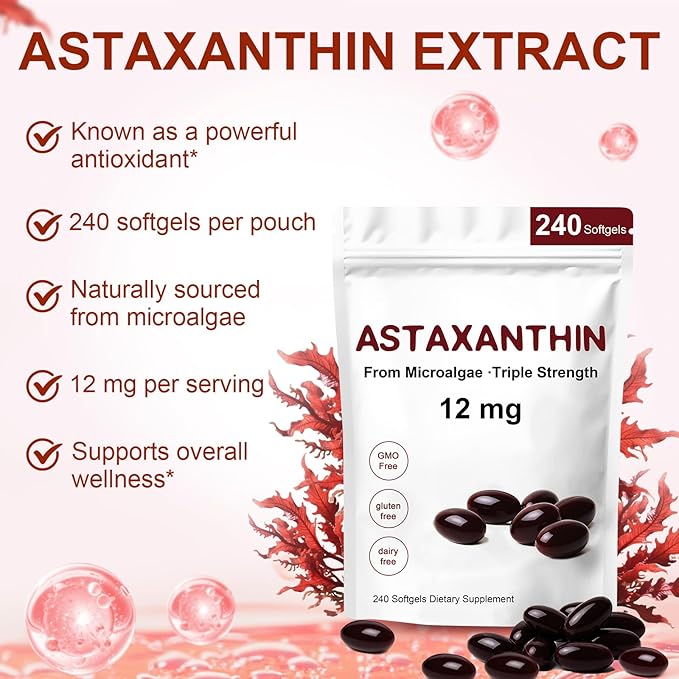 Astaxanthin 12mg, Premium Astaxanthin Antioxidant Supplements with Antioxidant Activity, Supports Eye, Immune, Skin Health, Internal Circulation-240 Softgels