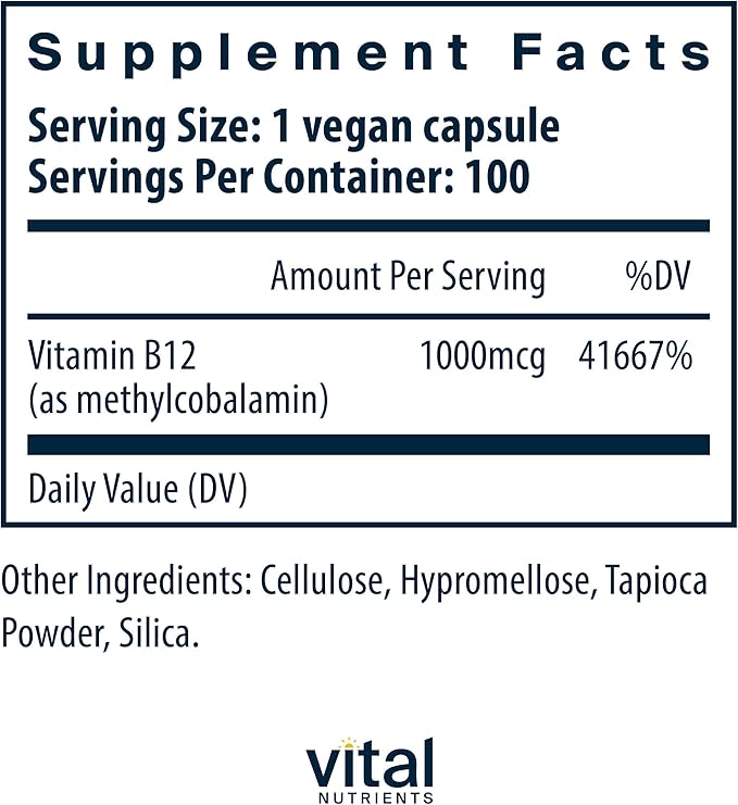 Vital Nutrients Vitamin B12 1000mcg - Vegan - Methylcobalamin for Metabolism, Cognitive & Nervous System Health* - High-Potency B12 Supplement - Gluten, Dairy, Soy Free - 100 Capsules