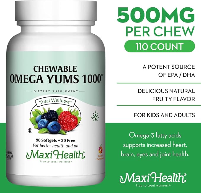 Maxi Health Omega Yums 1000 - Kid Friendly - Fruity Burst Flavor - 110 Softgel Capsules - Kosher
