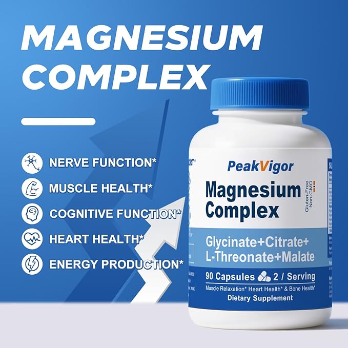 5 in 1 Magnesium Complex, 976mg Complex with Magnesium Glycinate, Citrate, Malate & L-Threonate, Vitamin B6 for High Absorption, Third Party Tested, Gluten-Free, Easy-Swallow Vegan Capsule