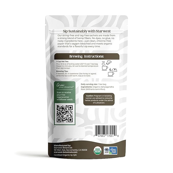 Starwest Botanicals Organic Ashwagandha Tea - Caffeine Free Herbal Tea, String Free Sachets, USDA Organic Ashwagandha Root, Non GMO - 20 Bags