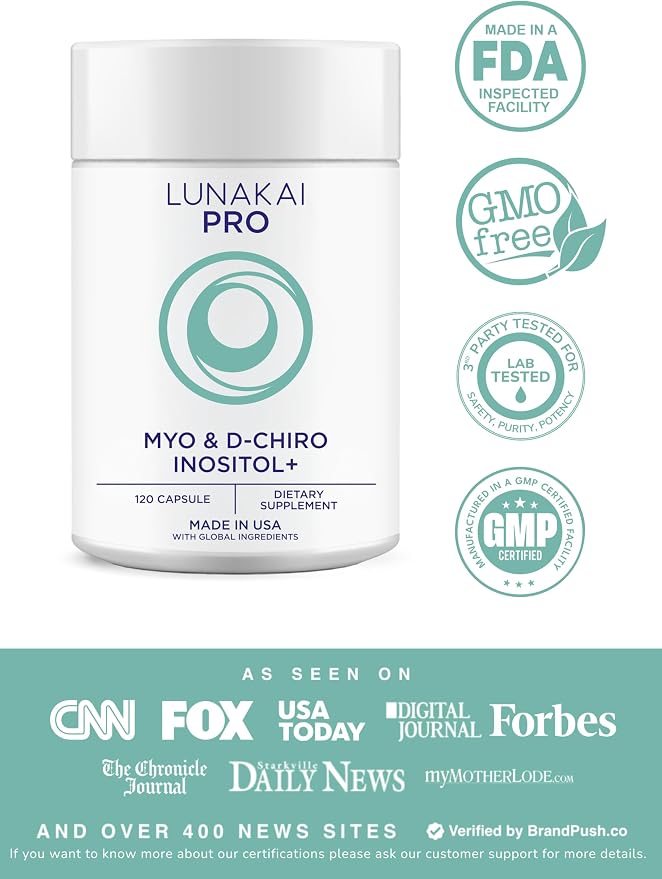 Lunakai PRO - Clinically Studied USA Made Myo-Inositol & D-Chiro Inositol Supplement for Women - 40:1 Ratio 4000mg with CoQ10 Folate & Vitamin D3 - Daily Hormone Balance & Ovarian Support - 120ct