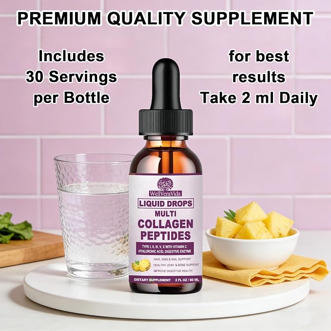 Liquid Collagen Peptides - Types I, II, III, V, X, Multi Collagen Complex | Hydrolyzed Collagen Drops for Women Men, Hair, Skin, Nails Support, Collagen Supplement w. Hyaluronic Acid, Biotin, Vitamin C