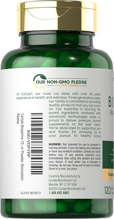 Carlyle Bioperine 10mg | 120 Capsules | Non-GMO & Gluten Free | Sourced from Black Pepper Extract | Supports Curcumin Powder Absorption