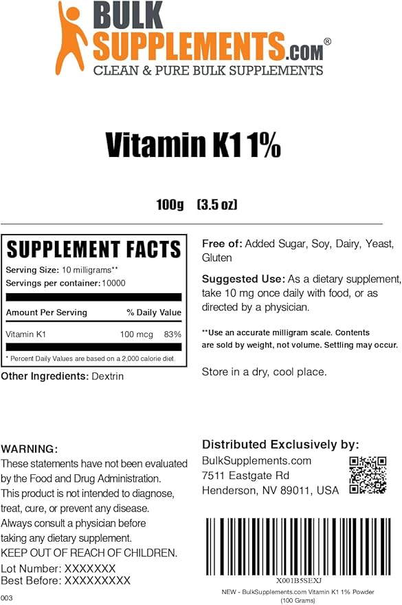 BulkSupplements.com Vitamin K1 Powder - Vitamin K1 Supplement for Bone and Heart Health Support - Gluten Free, 10mg per Serving, 100g (3.5 oz) (Pack of 1)