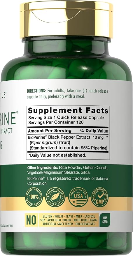 Carlyle Bioperine 10mg | 120 Capsules | Non-GMO & Gluten Free | Sourced from Black Pepper Extract | Supports Curcumin Powder Absorption