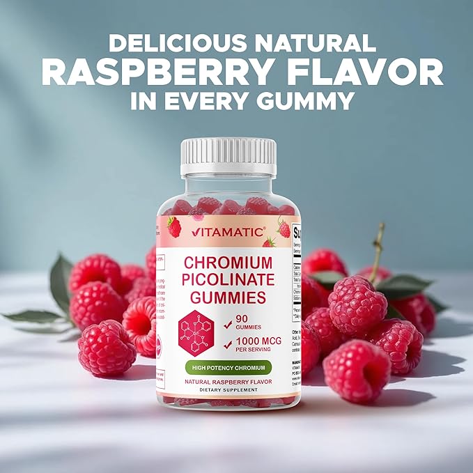Vitamatic Chromium Picolinate 1000 mcg - 90 Gummies - High Potency Chromium - Raspberry Flavor