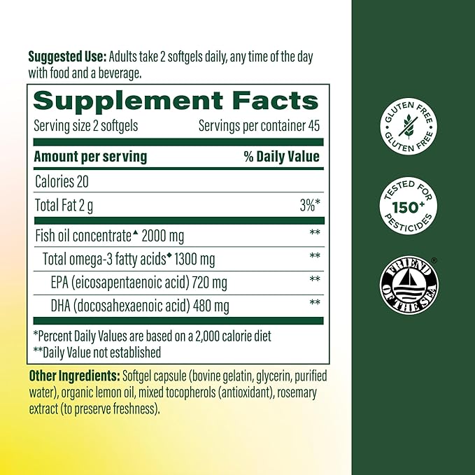 MegaFood 2000mg Fish Oil Omega 3 Supplements - Burp-Less & Lemon Oil Infused - Heart, Brain, Eye, Joint & Immune Support Supplement - 1200mg EPA & DHA Per Serving - 90 Softgels, 45 Servings