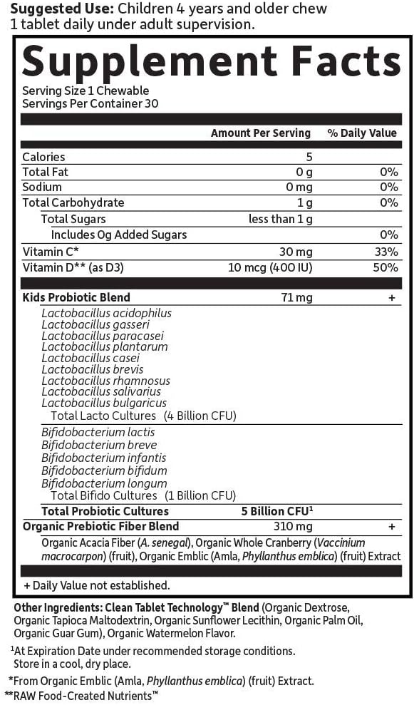 Garden of Life Dr. Formulated Probiotics Organic Kids+ Plus Vitamin C&D-Watermelon-Gluten,Dairy&Soy Free Immune-&Digestive Health Supplement,No Added Sugar,30 Chewables (Shelf Stable),(Pack of 2)