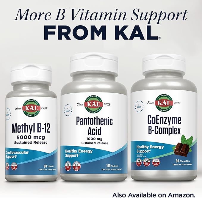 KAL Pantothenic Acid 1000mg Supplement for Men & Women - Vitamin B5 1000 mg, Supports Cellular Energy Metabolism, Nerve Function, Sustained Release, Vegan - 100 Tablets