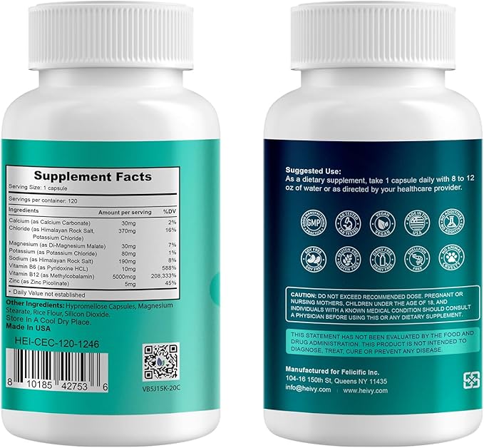 Heivy Pure Electrolytes Complex - Vegan, Allergen-Free, US GMP Certified | 120 Capsules, 7-in-1 Daily Electrolyte Replacement for Hydration & Muscle Support